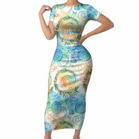Hawaiian Piko Cultural Pride Aloha Short Sleeve Bodycon Dress Watercolor Spiral Art - Tropical Plumeria Lei Garland TS04 Long Dress White Blue - Polynesian Pride