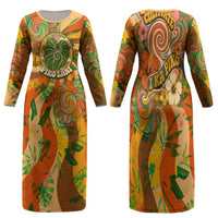 Hawaiian Piko Lani Cultivate I Ka Piko Aloha Family Matching Long Sleeve Bodycon Dress and Hawaiian Shirt Retro Psychedelic Taro Leaf - Hibiscus Flowers TS04 Mom's Dress Orange Green - Polynesian Pride