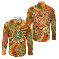 Hawaiian Piko Lani Cultivate I Ka Piko Aloha Family Matching Mermaid Dress and Hawaiian Shirt Retro Psychedelic Taro Leaf - Hibiscus Flowers TS04 Dad's Shirt - Long Sleeve Orange Green - Polynesian Pride