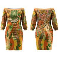 Hawaiian Piko Lani Cultivate I Ka Piko Aloha Family Matching Off The Shoulder Long Sleeve Dress and Hawaiian Shirt Retro Psychedelic Taro Leaf - Hibiscus Flowers TS04 Mom's Dress Orange Green - Polynesian Pride