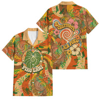 Hawaiian Piko Lani Cultivate I Ka Piko Aloha Family Matching Off The Shoulder Long Sleeve Dress and Hawaiian Shirt Retro Psychedelic Taro Leaf - Hibiscus Flowers TS04 Dad's Shirt - Short Sleeve Orange Green - Polynesian Pride