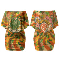 Hawaiian Piko Lani Cultivate I Ka Piko Aloha Family Matching Off Shoulder Short Dress and Hawaiian Shirt Retro Psychedelic Taro Leaf - Hibiscus Flowers TS04 Mom's Dress Orange Green - Polynesian Pride