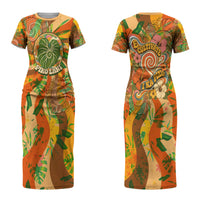 Hawaiian Piko Lani Cultivate I Ka Piko Aloha Family Matching Short Sleeve Bodycon Dress and Hawaiian Shirt Retro Psychedelic Taro Leaf - Hibiscus Flowers TS04 Mom's Dress Orange Green - Polynesian Pride