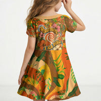 Hawaiian Piko Lani Cultivate I Ka Piko Aloha Kid Short Sleeve Dress Retro Psychedelic Taro Leaf - Hibiscus Flowers