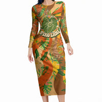 Hawaiian Piko Lani Cultivate I Ka Piko Aloha Long Sleeve Bodycon Dress Retro Psychedelic Taro Leaf - Hibiscus Flowers TS04 Long Dress Orange Green - Polynesian Pride