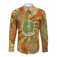 Hawaiian Piko Lani Cultivate I Ka Piko Aloha Long Sleeve Button Shirt Retro Psychedelic Taro Leaf - Hibiscus Flowers TS04 Unisex Orange Green - Polynesian Pride