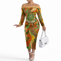 Hawaiian Piko Lani Cultivate I Ka Piko Aloha Off The Shoulder Long Sleeve Dress Retro Psychedelic Taro Leaf - Hibiscus Flowers TS04 Women Orange Green - Polynesian Pride