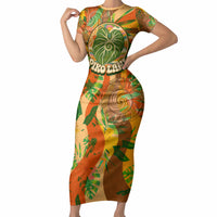 Hawaiian Piko Lani Cultivate I Ka Piko Aloha Short Sleeve Bodycon Dress Retro Psychedelic Taro Leaf - Hibiscus Flowers TS04 Long Dress Orange Green - Polynesian Pride
