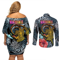Hawaii Turtle Couples Matching Off Shoulder Short Dress and Long Sleeve Button Shirts Hawaii Pattern and Turtle Tattoo Dark Cyan Gradient TS04 - Polynesian Pride