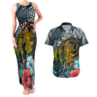 Hawaii Turtle Couples Matching Tank Maxi Dress and Hawaiian Shirt Hawaii Pattern and Turtle Tattoo Dark Cyan Gradient TS04 Gradient - Polynesian Pride