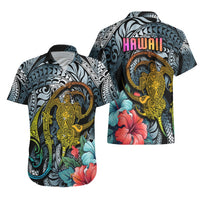 Hawaii Turtle Hawaiian Shirt Hawaii Pattern and Turtle Tattoo Dark Cyan Gradient TS04 - Polynesian Pride
