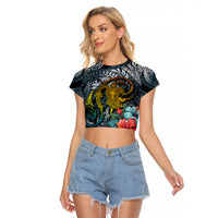 Hawaii Turtle Raglan Cropped T Shirt Hawaii Pattern and Turtle Tattoo Dark Cyan Gradient TS04 Female Gradient - Polynesian Pride