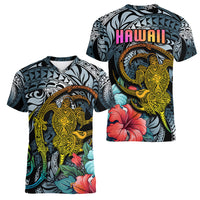 Hawaii Turtle Women V Neck T Shirt Hawaii Pattern and Turtle Tattoo Dark Cyan Gradient TS04 - Polynesian Pride