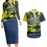 Waimanalo Oahu Hawaii Surfing Couples Matching Long Sleeve Bodycon Dress and Hawaiian Shirt Tropical Beach Retro Sunburst Surfboard TS04 Yellow Blue - Polynesian Pride