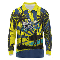 Waimanalo Oahu Hawaii Surfing Long Sleeve Polo Shirt Tropical Beach Retro Sunburst Surfboard TS04 Yellow Blue - Polynesian Pride