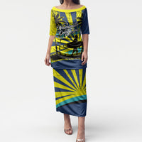 Waimanalo Oahu Hawaii Surfing Puletasi Tropical Beach Retro Sunburst Surfboard TS04 Long Dress Yellow Blue - Polynesian Pride