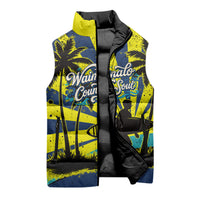 Waimanalo Oahu Hawaii Surfing Sleeveless Puffer Jacket Tropical Beach Retro Sunburst Surfboard