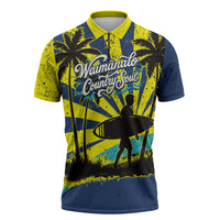 Waimanalo Oahu Hawaii Surfing Zipper Polo Shirt Tropical Beach Retro Sunburst Surfboard TS04 Yellow Blue - Polynesian Pride