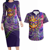 Waimanalo Hawaii Sun Rabbit Couples Matching Long Sleeve Bodycon Dress and Hawaiian Shirt Psychedelic Trippy Neon Swirl Graphic TS04 Purple Green - Polynesian Pride