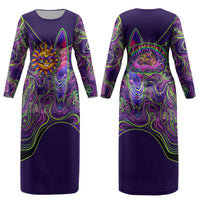 Waimanalo Hawaii Sun Rabbit Couples Matching Long Sleeve Bodycon Dress and Hawaiian Shirt Psychedelic Trippy Neon Swirl Graphic TS04 - Polynesian Pride