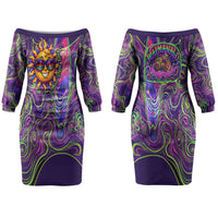 Waimanalo Hawaii Sun Rabbit Couples Matching Off The Shoulder Long Sleeve Dress and Hawaiian Shirt Psychedelic Trippy Neon Swirl Graphic TS04 - Polynesian Pride