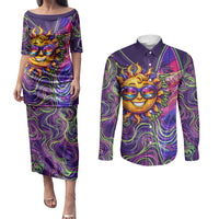 Waimanalo Hawaii Sun Rabbit Couples Matching Puletasi and Long Sleeve Button Shirt Psychedelic Trippy Neon Swirl Graphic