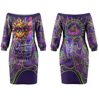 Waimanalo Hawaii Sun Rabbit Family Matching Off The Shoulder Long Sleeve Dress and Hawaiian Shirt Psychedelic Trippy Neon Swirl Graphic TS04 Mom's Dress Purple Green - Polynesian Pride