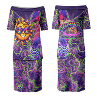 Waimanalo Hawaii Sun Rabbit Family Matching Puletasi and Hawaiian Shirt Psychedelic Trippy Neon Swirl Graphic TS04 Mom's Dress Purple Green - Polynesian Pride