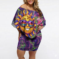 Waimanalo Hawaii Sun Rabbit Off Shoulder Short Dress Psychedelic Trippy Neon Swirl Graphic
