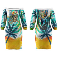 Hawaii Waimanalo Sea Turtle Family Matching Off The Shoulder Long Sleeve Dress and Hawaiian Shirt Cute Tropical Beach Aloha Spirit Cartoon TS04 Mom's Dress Green Blue - Polynesian Pride