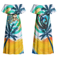 Hawaii Waimanalo Sea Turtle Family Matching Off Shoulder Maxi Dress and Hawaiian Shirt Cute Tropical Beach Aloha Spirit Cartoon TS04 Mom's Dress Green Blue - Polynesian Pride
