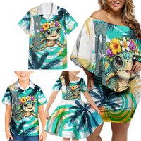 Hawaii Waimanalo Sea Turtle Family Matching Off Shoulder Short Dress and Hawaiian Shirt Cute Tropical Beach Aloha Spirit Cartoon TS04 - Polynesian Pride
