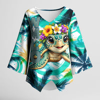 Hawaii Waimanalo Sea Turtle Kimono Sleeve Blouse Cute Tropical Beach Aloha Spirit Cartoon