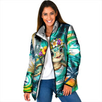 Hawaii Waimanalo Sea Turtle Padded Jacket Cute Tropical Beach Aloha Spirit Cartoon TS04 Women Green Blue - Polynesian Pride