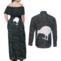 New Zealand is Calling and I Must Go Couples Matching Off Shoulder Maxi Dress and Long Sleeve Button Shirt Kiwi Bird Silhouette