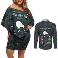 New Zealand is Calling and I Must Go Couples Matching Off Shoulder Short Dress and Long Sleeve Button Shirt Kiwi Bird Silhouette