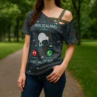 New Zealand is Calling and I Must Go Cross Shoulder Shirt Kiwi Bird Silhouette