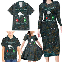New Zealand is Calling and I Must Go Family Matching Long Sleeve Bodycon Dress and Hawaiian Shirt Kiwi Bird Silhouette