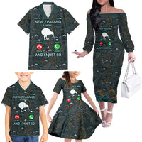 New Zealand is Calling and I Must Go Family Matching Off The Shoulder Long Sleeve Dress and Hawaiian Shirt Kiwi Bird Silhouette