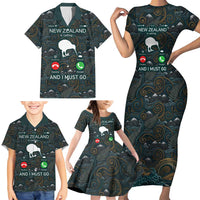 New Zealand is Calling and I Must Go Family Matching Short Sleeve Bodycon Dress and Hawaiian Shirt Kiwi Bird Silhouette