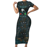 New Zealand is Calling and I Must Go Family Matching Short Sleeve Bodycon Dress and Hawaiian Shirt Kiwi Bird Silhouette