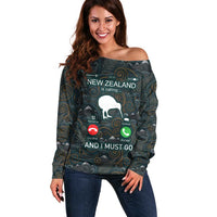 New Zealand is Calling and I Must Go Off Shoulder Sweater Kiwi Bird Silhouette