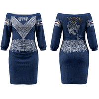 American Samoa Eagle Family Matching Off The Shoulder Long Sleeve Dress and Hawaiian Shirt Sea Turtle Traditional Polynesian Tribal Tattoo TS04 Mom's Dress Blue White - Polynesian Pride