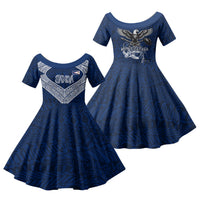 American Samoa Eagle Family Matching Off The Shoulder Long Sleeve Dress and Hawaiian Shirt Sea Turtle Traditional Polynesian Tribal Tattoo TS04 Daughter's Dress Blue White - Polynesian Pride
