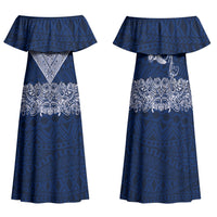 American Samoa Eagle Family Matching Off Shoulder Maxi Dress and Hawaiian Shirt Sea Turtle Traditional Polynesian Tribal Tattoo TS04 Mom's Dress Blue White - Polynesian Pride