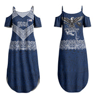 American Samoa Eagle Family Matching Summer Maxi Dress and Hawaiian Shirt Sea Turtle Traditional Polynesian Tribal Tattoo TS04 Mom's Dress Blue White - Polynesian Pride