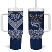American Samoa Eagle Tumbler With Handle Sea Turtle Traditional Polynesian Tribal Tattoo TS04 One Size: 40 oz Blue White - Polynesian Pride
