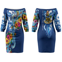 American Samoa Pago Pago Couples Matching Off The Shoulder Long Sleeve Dress and Hawaiian Shirt Sea Turtle And Fruit Bat - Tropical Hibiscus Flowers Polynesian TS04 - Polynesian Pride