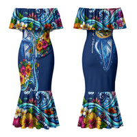 American Samoa Pago Pago Family Matching Mermaid Dress and Hawaiian Shirt Sea Turtle And Fruit Bat - Tropical Hibiscus Flowers Polynesian TS04 Mom's Dress Blue White - Polynesian Pride