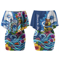 American Samoa Pago Pago Family Matching Off Shoulder Short Dress and Hawaiian Shirt Sea Turtle And Fruit Bat - Tropical Hibiscus Flowers Polynesian TS04 Mom's Dress Blue White - Polynesian Pride
